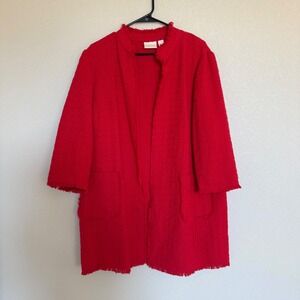 Chicos Red Tweed Open Front Fringe Topper Jacket Size 3 Preppy Formal L